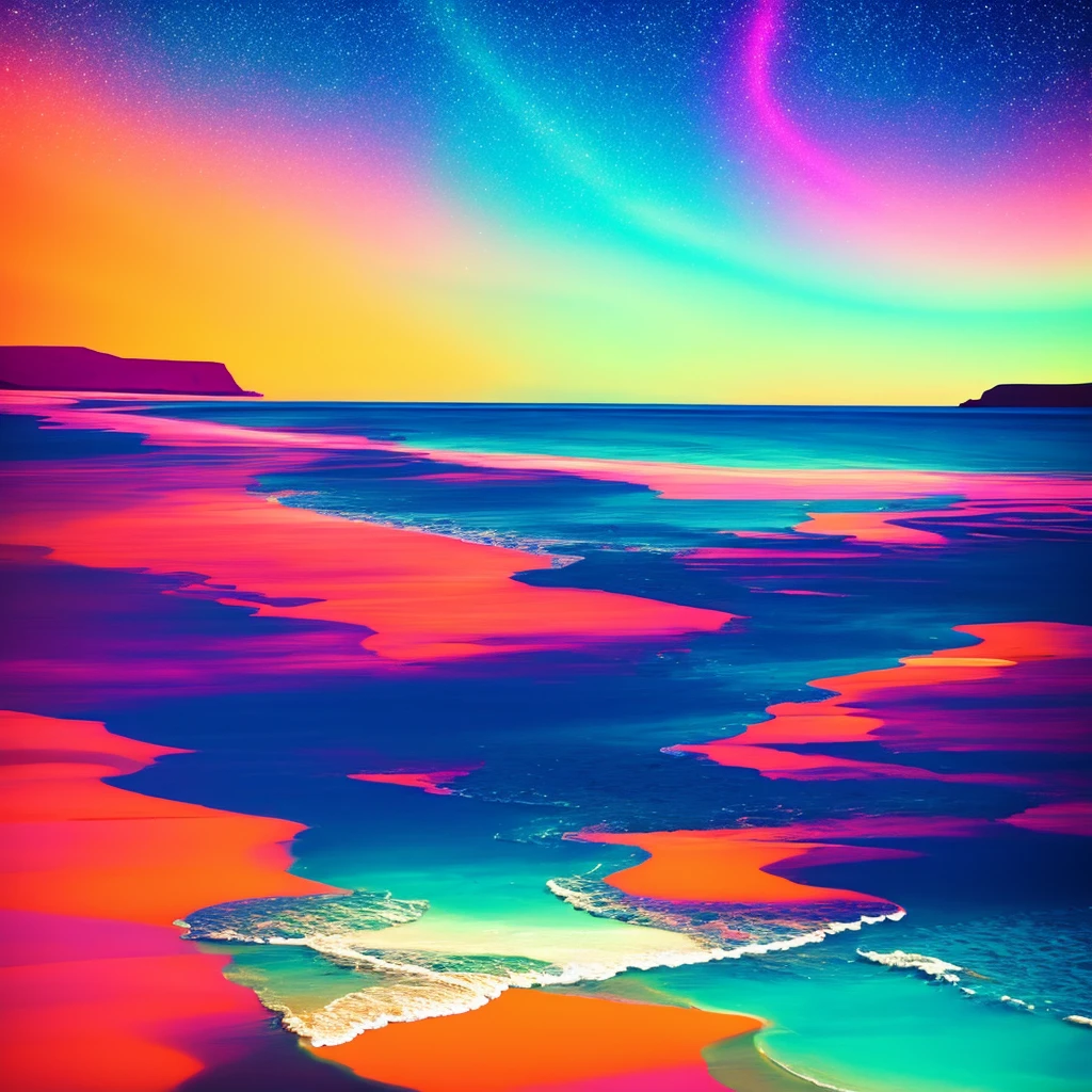 a beach with a bright sky and a bright star filled sky, a digital painting by Mike "Beeple" Winkelmann, tumblr, fantasy art, magical beach, beautiful vibrant colors, glow wave, glowing colors, [ bioluminescent colors ]!!, stunning colors, beautiful colors, glowing rich colors, amazing colors, breathtaking colors