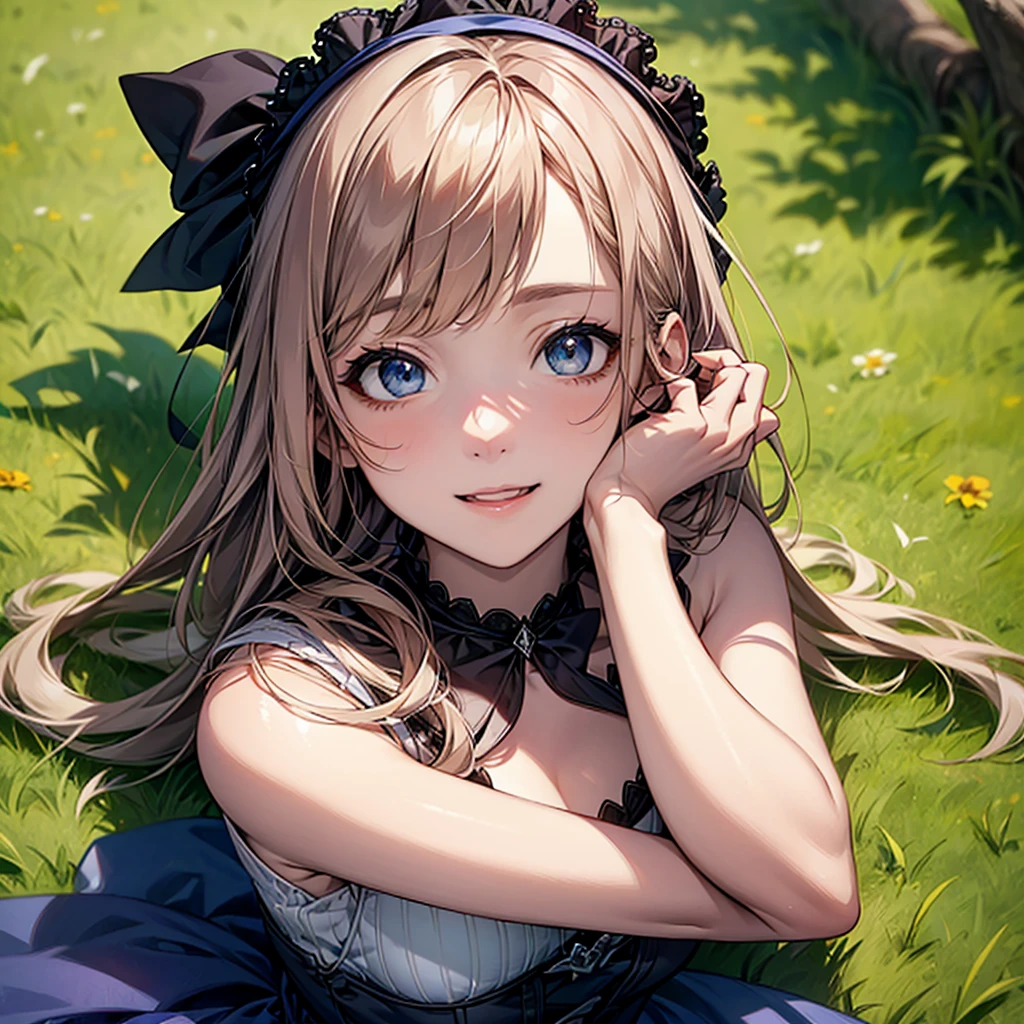(Biologically correct limb count)、Full body, including face、4K、masterpiece、Focus on the face、Well-proportioned facial features、Delicate descriptive eyes、One beautiful woman、Excellent style、(head band、Gothic ta、Blue clothes、High heels)、(smile)、(Close-up photo of the upper body)、look up、Photos with white borders、Looking into the camera、Lying on the grass、