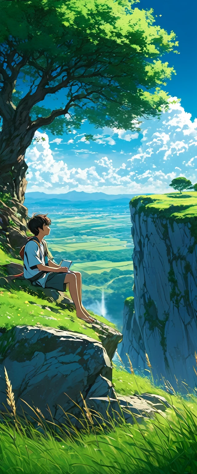 a boy sitting under a tree near a cliff in a meadow , seeing a vast blue sky with fluffy clouds and brush strokes , tall grasses stones, , makoto shinkai cyril rolando, anime art wallpaper 4k, anime art wallpaper 4k, animated background, anime art wallpaper 8k, animated background art, Anime Landscape Wallpaper, amazing wallpaper, hd wallpaper, 4k anime wallpaper, 4k anime wallpaper, Aries Moross art,art by Bob Byerley , AshleyWoodArtAI, Greg Rutkowski