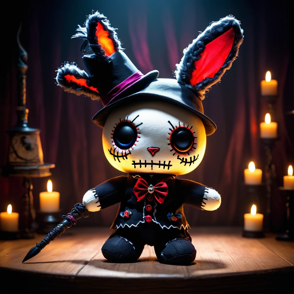 (knitted toy voodoo doll:1.7), (Voodoo Rabbit Master of Shadow Tricks:1.3), (Clothing: tattered magician's outfit with dark patterns:1.0), (Accessories: enchanted hat, glowing sinister wand:1.2), (background: shadowy stage with floating, glowing spectral illusions and eerie light:1.2), best quality, masterpiece, detailed soft oil painting, detailed background, dramatic cinematic lighting, soft edge lighting, professional, dramatic lighting, hard edge lighting, ultra quality, 4k,masterpiece, best quality, 8k, ultra highres, highres, extremely detailed