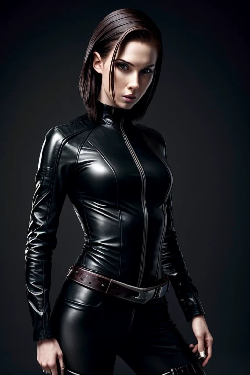 Gorgeous european woman with short hair, wet hair, hair slicked back, combed straight back, slick hair, streaked black hair, seductive pose, karen gillan, dressed as trinity from the matrix, cleavage, solid dark grey background