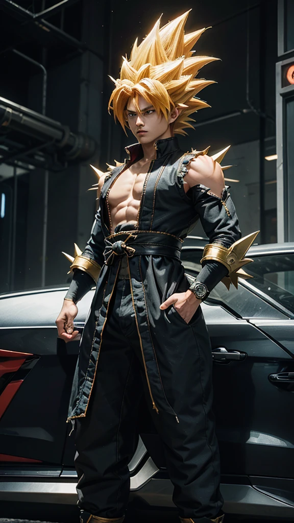 “Create a futuristic character inspired by Goku at level 4 in Super Saiyan. It must have a modern and technological look, with futuristic details in your clothing and accessories. The character must have his arms crossed, displaying a confident and powerful expression. Your appearance should reflect strength and determination, with spiky hair and intense eyes, characteristics of Super Saiyan level 4.”with car stereo speakers