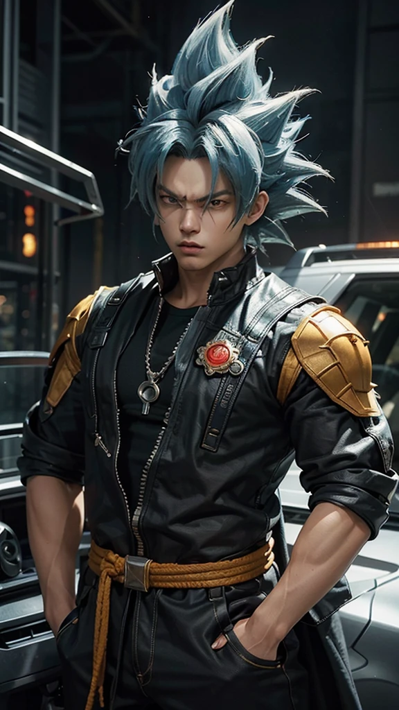 “Create a futuristic character inspired by Goku at level 4 in Super Saiyan. It must have a modern and technological look, with futuristic details in your clothing and accessories. The character must have his arms crossed, displaying a confident and powerful expression. Your appearance should reflect strength and determination, with spiky hair and intense eyes, characteristics of Super Saiyan level 4.”with car stereo speakers