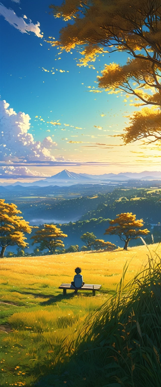 Creates an image of a serene, sunlit rural scene in a vibrant and detailed anime style. The scene is a boy sitting next to a tree in an autumn meadow, watching a vast golden yellow sky with bench spots, incredible sunset, tall grasses, makoto shinkai cyril rolando, 4k anime art wallpaper, small grass, shadows in the leaves of the trees and clouds, and. In the background you can see an infinite mountain range. The sky is a bright blue, dotted with fluffy white clouds. The overall atmosphere is calm and nostalgic, evoking a warm summer day.