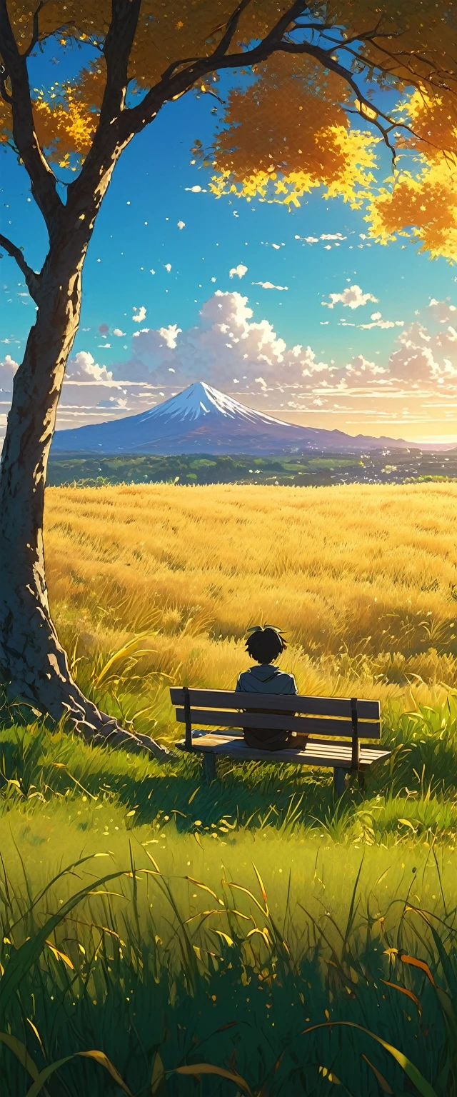 Creates an image of a serene, sunlit rural scene in a vibrant and detailed anime style. The scene is a boy sitting next to a tree in an autumn meadow, watching a vast golden yellow sky with bench spots, incredible sunset, tall grasses, makoto shinkai cyril rolando, 4k anime art wallpaper, small grass, shadows in the leaves of the trees and clouds, and. In the background you can see an infinite mountain range. The sky is a bright blue, dotted with fluffy white clouds. The overall atmosphere is calm and nostalgic, evoking a warm summer day.