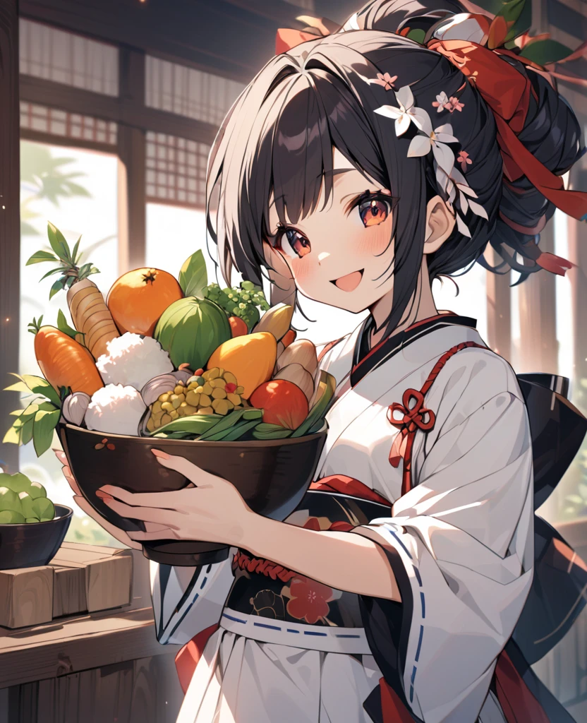 A cute Japanese model-like girl is smiling while holding a large bowl filled with various ingredients.