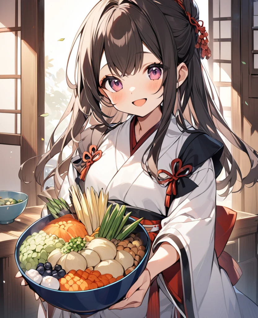A cute Japanese model-like girl is smiling while holding a large bowl filled with various ingredients.