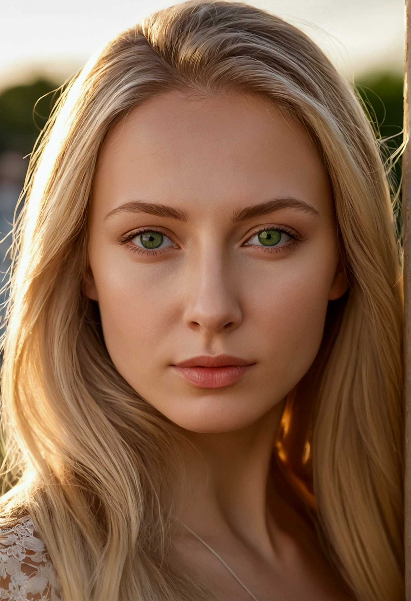 Photorealistic portrait of a 27-year-old Russian woman with long blond hair and green eyes.. it must have a natural expression, accessible and will be illuminated by the soft golden hour sunlight. The background should be a picturesque outdoor setting., sunny park or beach. Make this image high resolution, using an 85mm lens, to get a nice perspective. full length, nude body, Sports figure