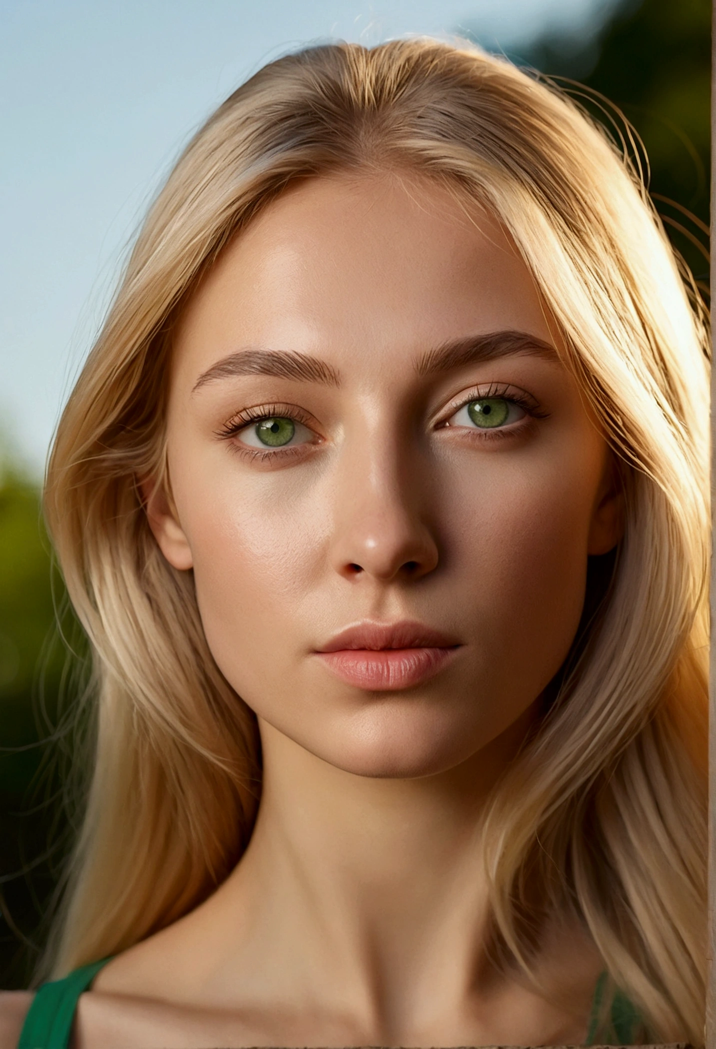 Photorealistic portrait of a 27-year-old Russian woman with long blond hair and green eyes.. it must have a natural expression, accessible and will be illuminated by the soft golden hour sunlight. The background should be a picturesque outdoor setting., sunny park or beach. Make this image high resolution, using an 85mm lens, to get a nice perspective. full length, nude body, Sports figure