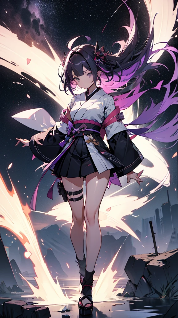 skinny girl, ultra high definition, very detailed, shuriken, shot, bundled hair, whole body, traditional Japanese outfit, short skirt, 23 years old, destroyed earth background, two tone hair (black, purple), Cheng'an, beautiful eyes
