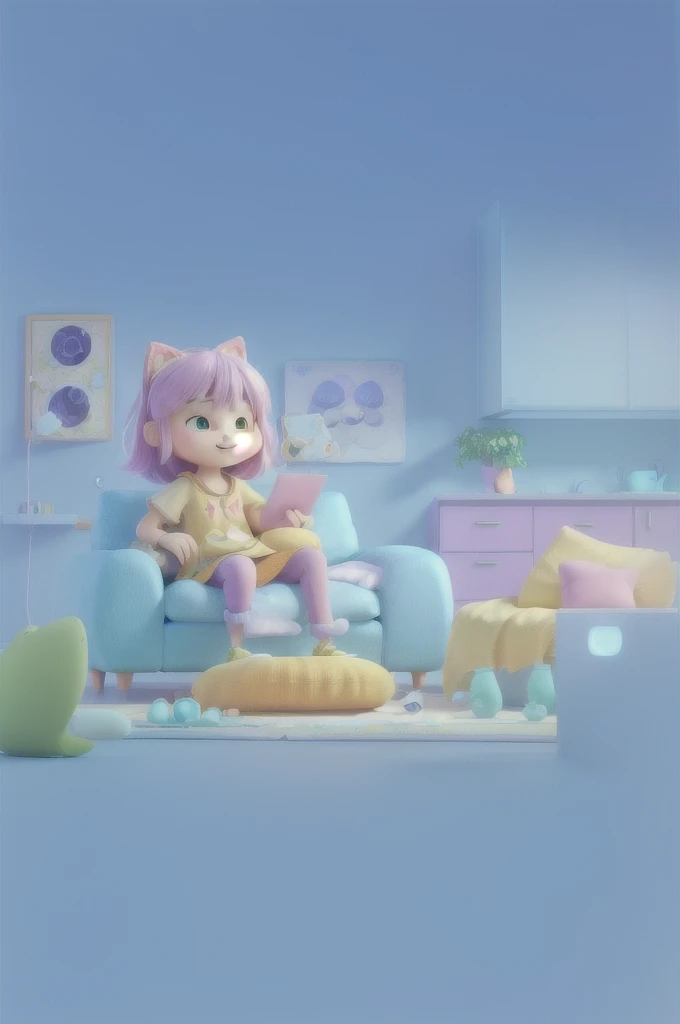 Room sofa scene,No characters, Cute 3d rendering, Animation style rendering, Kawaii HD Rendering, 8K cartoon illustration, 3d illustration, 3d illustration, Lofi art style, Animation illustration style