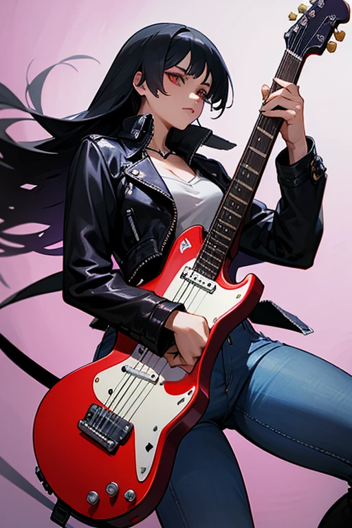 morrigan long hair leather jacket, jeans and play a guitar