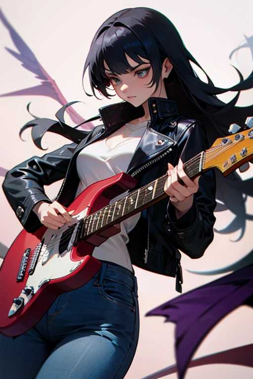 morrigan long hair leather jacket, jeans and play a guitar