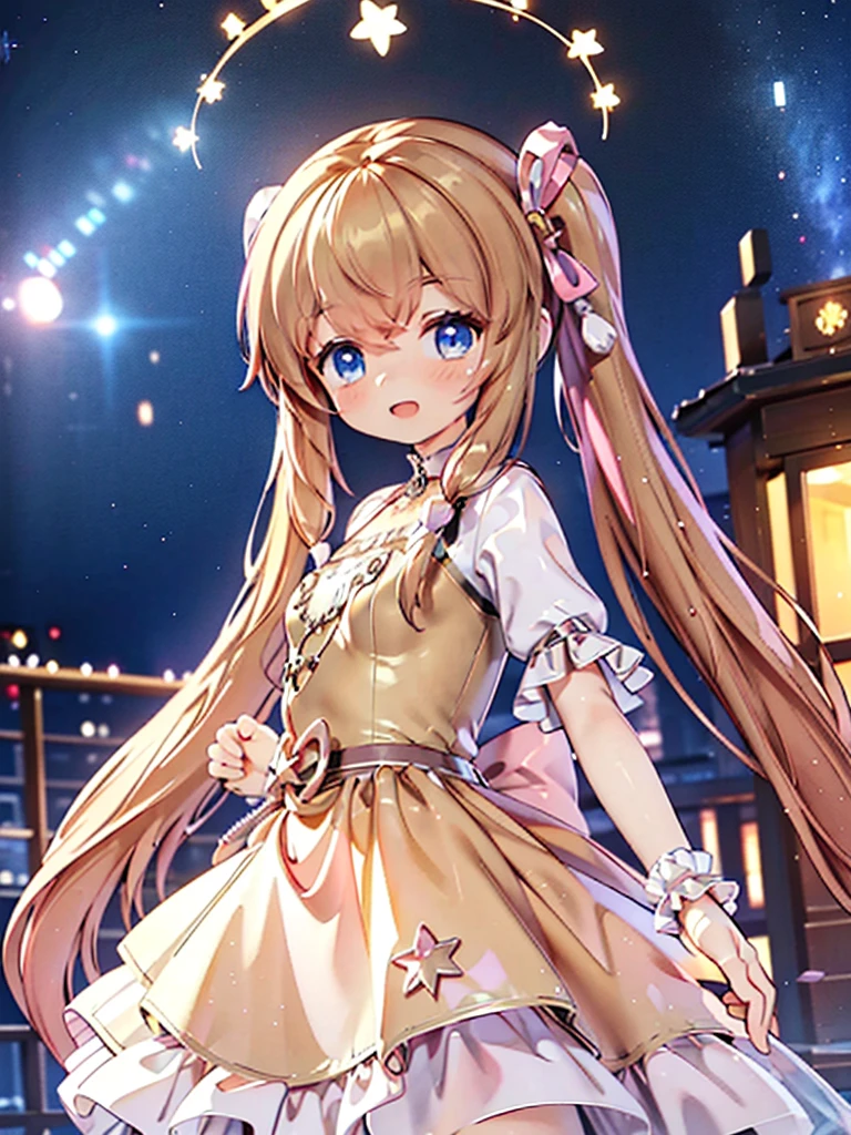 masterpiece, best quality, CG wallpaper, 8k, girl, solo cute, Blue eyes, brown twintail, (yellow dress), open mouth smile, look at the northern star, neon and led lights, side view
