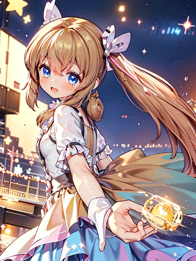 masterpiece, best quality, CG wallpaper, 8k, girl, solo cute, Blue eyes, brown twintail, (yellow dress), open mouth smile, look at the northern star, neon and led lights, side view
