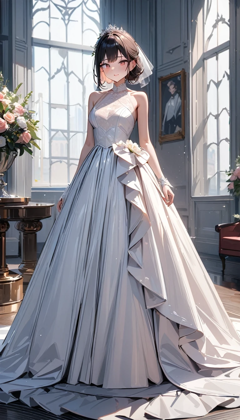 masterpiece , modern, Verism, masterpiece, super detail, best quality, 4K ,(whole body)、(upright)、Cute single women、Wedding dress
