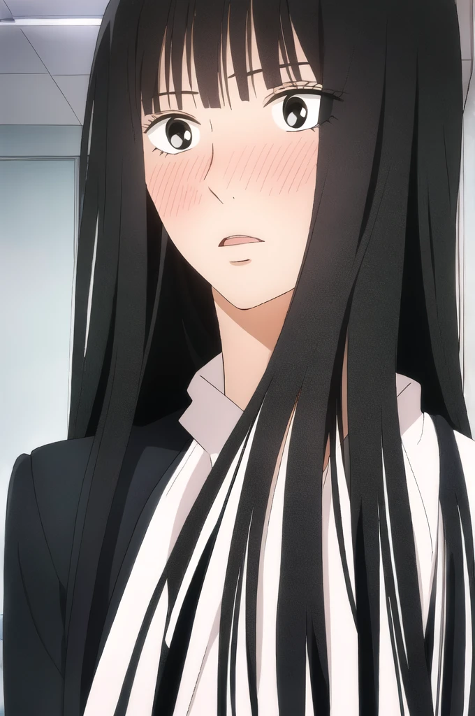 ((Best Quality)),((Very detailed)),masterpiece,absurdities,detailed face,beautiful face,((detailed eyes, deep eyes)),(1 girl),((dynamic pose)), sawako, 1 girl, black fur, Alone, by the wide, hits, black eyes, blunt hits, blush, looking at the viewer, open mouth, shirt, hime cut, Upper part of the body, inside, chair, classroom, desk, Chapped lips