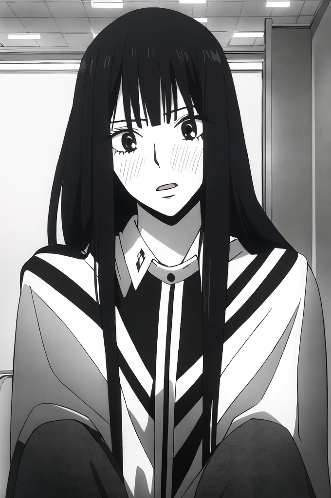 ((Best Quality)),((Very detailed)),masterpiece,absurdities,detailed face,beautiful face,((detailed eyes, deep eyes)),(1 girl),((dynamic pose)), sawako, 1 girl, black fur, Alone, by the wide, hits, black eyes, blunt hits, blush, looking at the viewer, open mouth, shirt, hime cut, Upper part of the body, inside, chair, classroom, desk, Chapped lips