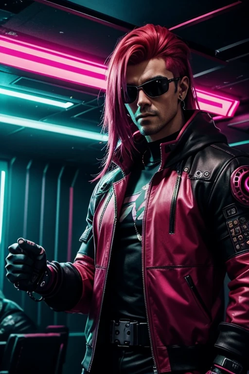 Cyberpunk Mercenary, Cyberpunk Bodyguard, Cyberpunk party in background with neon light display, in a room where a party is happening, party goer, red dyed hair, brightly colored clothing