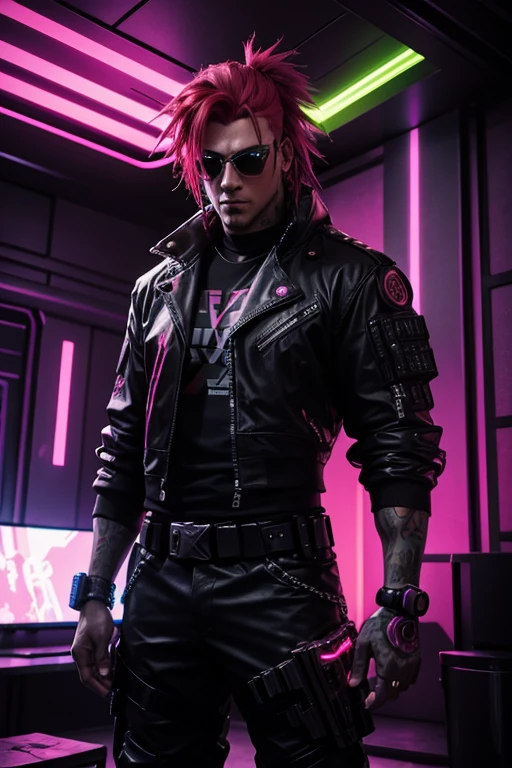 Cyberpunk Mercenary, Cyberpunk Bodyguard, Cyberpunk party in background with neon light display, in a room where a party is happening, party goer, red dyed hair, brightly colored clothing