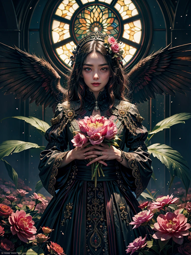 A flower by Casey Weldon, Olga Kvasha, Miho Hirano, hyperdetailed intricately detailed gothic art trending on Artstation triadic colors Unreal Engine 5 detailed matte painting, deep color, fantastical, intricate detail, splash screen, complementary colors, fantasy concept art, 8k resolution, gothic deviantart masterpiece, (dark shot:0.9), art by greg rutkowski and artgerm, soft cinematic light, adobe lightroom, photolab, hdr, intricate, highly detailed,  peony