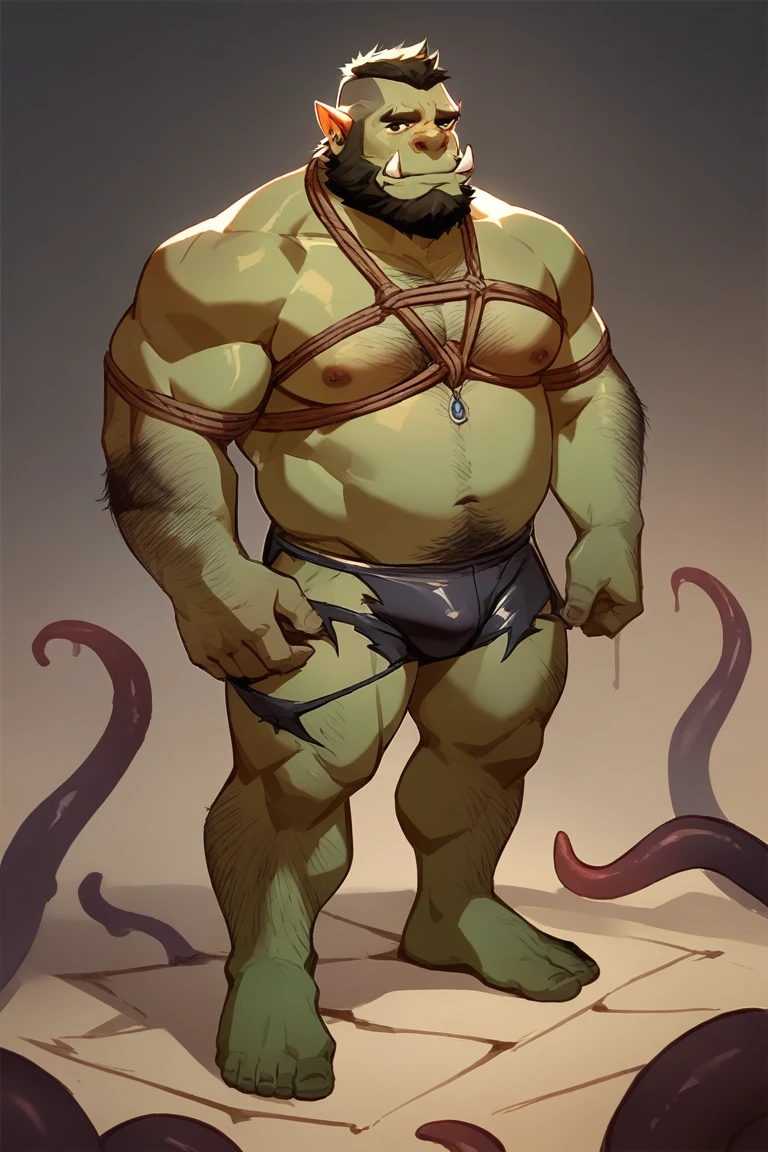 score_9, score_8_up, score_7_up, solo, male focus, fat male, oversized orc, green skin, tusks, beard, tentacles , (( damaged  black micro tight shorts )) , full body , shibari . ashamed face , 