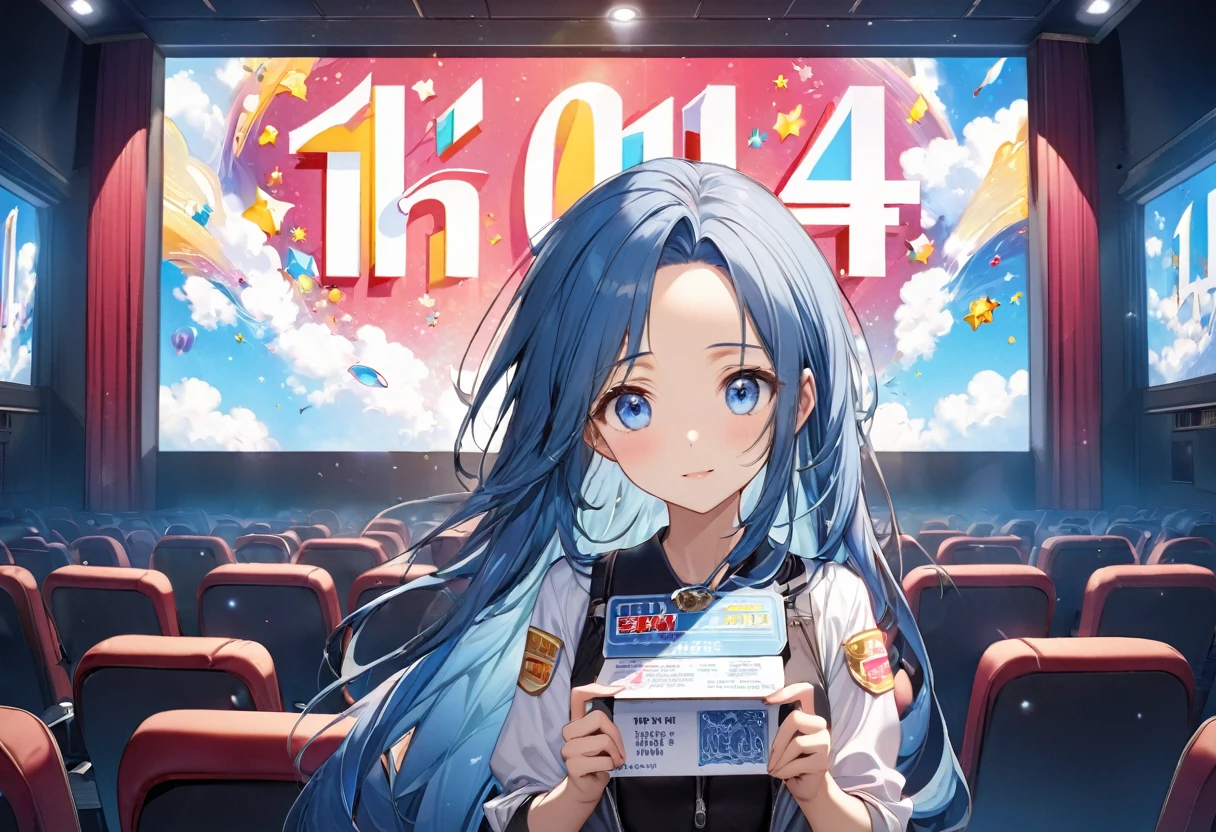 (Characters appear word of "1111"), (a forehead blue hair long hair cute girl, blue eyes, hand holding Number Card of "1111") on to cinema screen, BREAK, perfect anatomy, masterpiece, best quality, 16k, beautiful detailed cinema, daydreaming expression.
