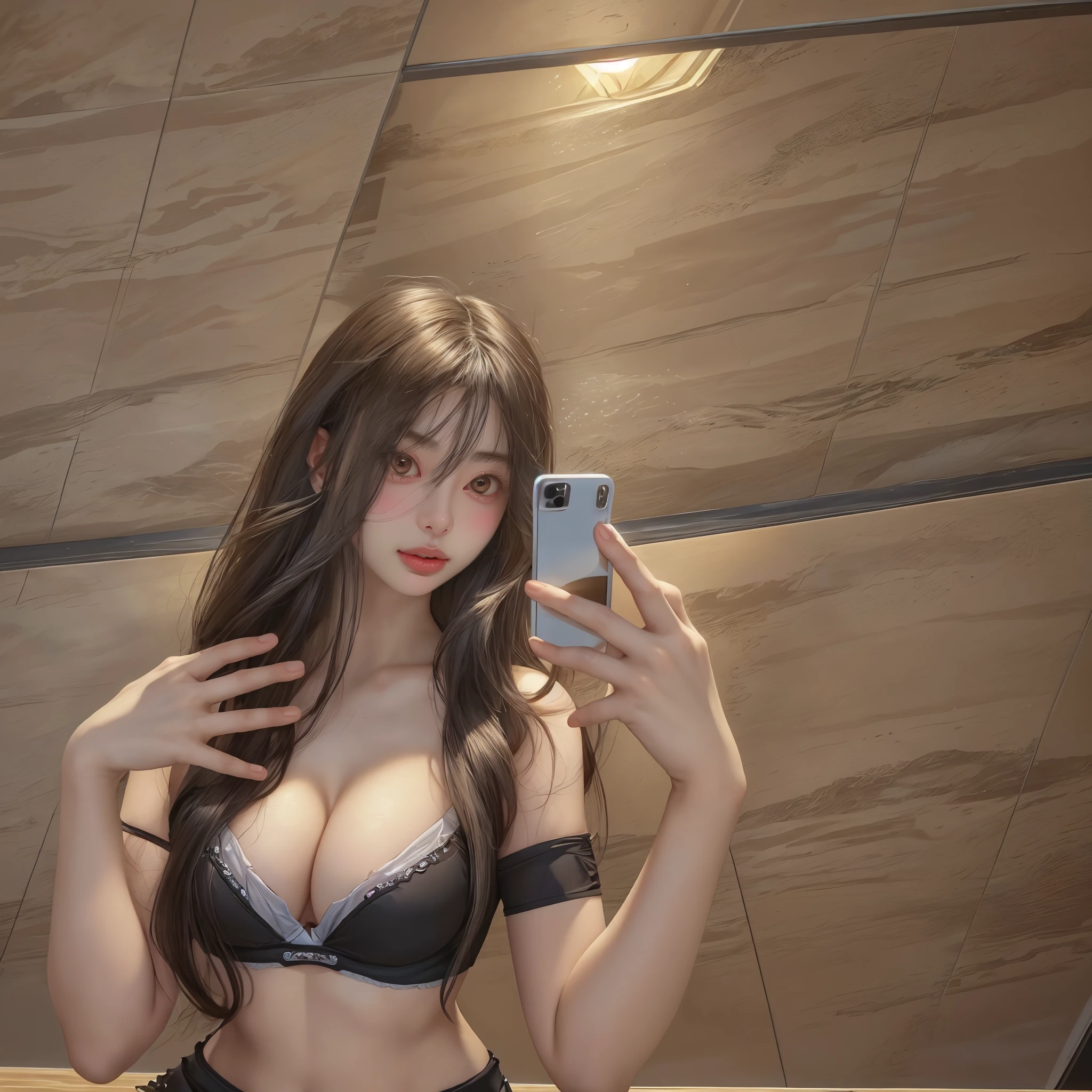 (masuter piece:1.2、top-quality)、(Real Photographics、intricate-detail)、Face Real、sexly.Large zoom on the chest、Real adult women、selfee、sit on a bed、Look up from below and look at us、Wearing shorts、Emphasis on cleavage、Chest close-up zoom、big yawning