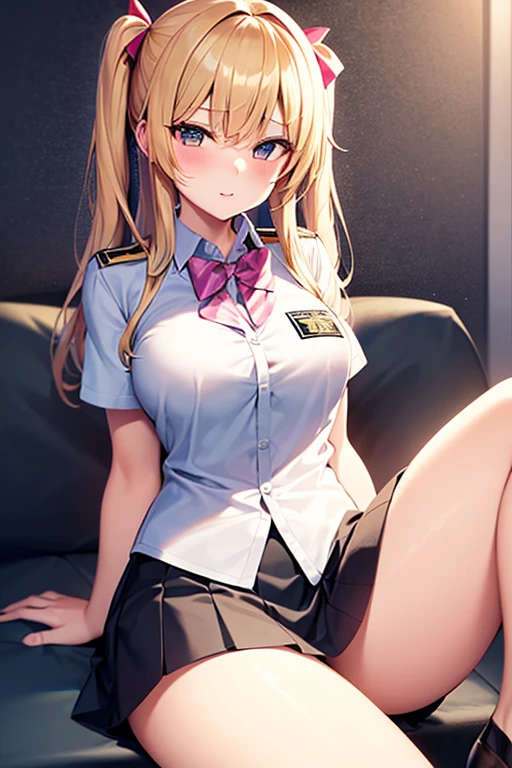 (((Skin exposed from disheveled uniform)))、((((make sexual advances))))、((((sitting and spreading her legs))))、Nipples protruding from the bra、panties on、((((feel shy))))、((a blond))、beautiful  Girl、Large beautiful breasts、cleavage of the breast、A slender、オマンコ、(((((Seduction while being shy)))))、(((s Office)))、((smil))