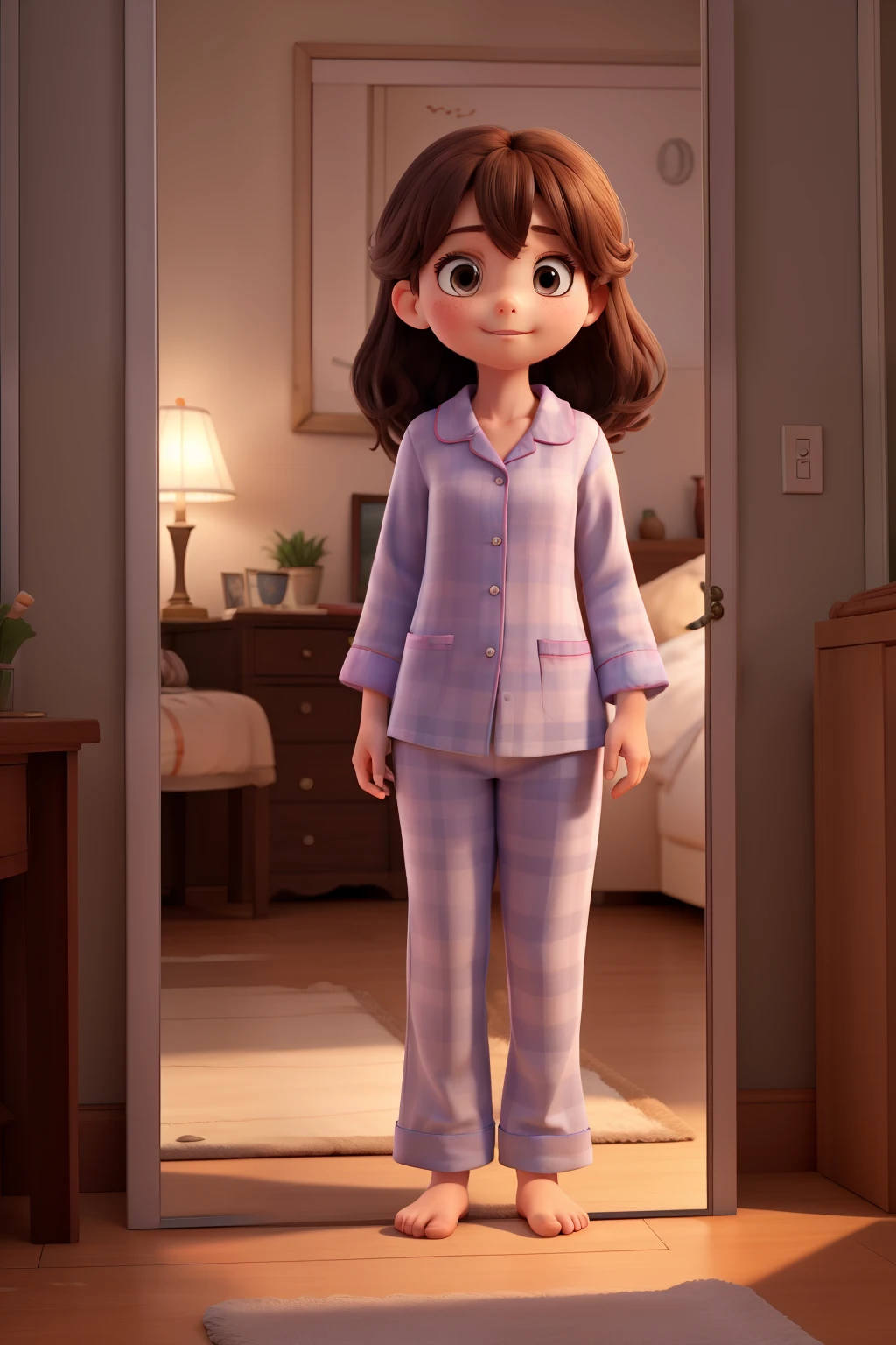 a drawing of a girl in pajamas and she looks in the mirror but the reflection in the mirror is her in elegant clothes