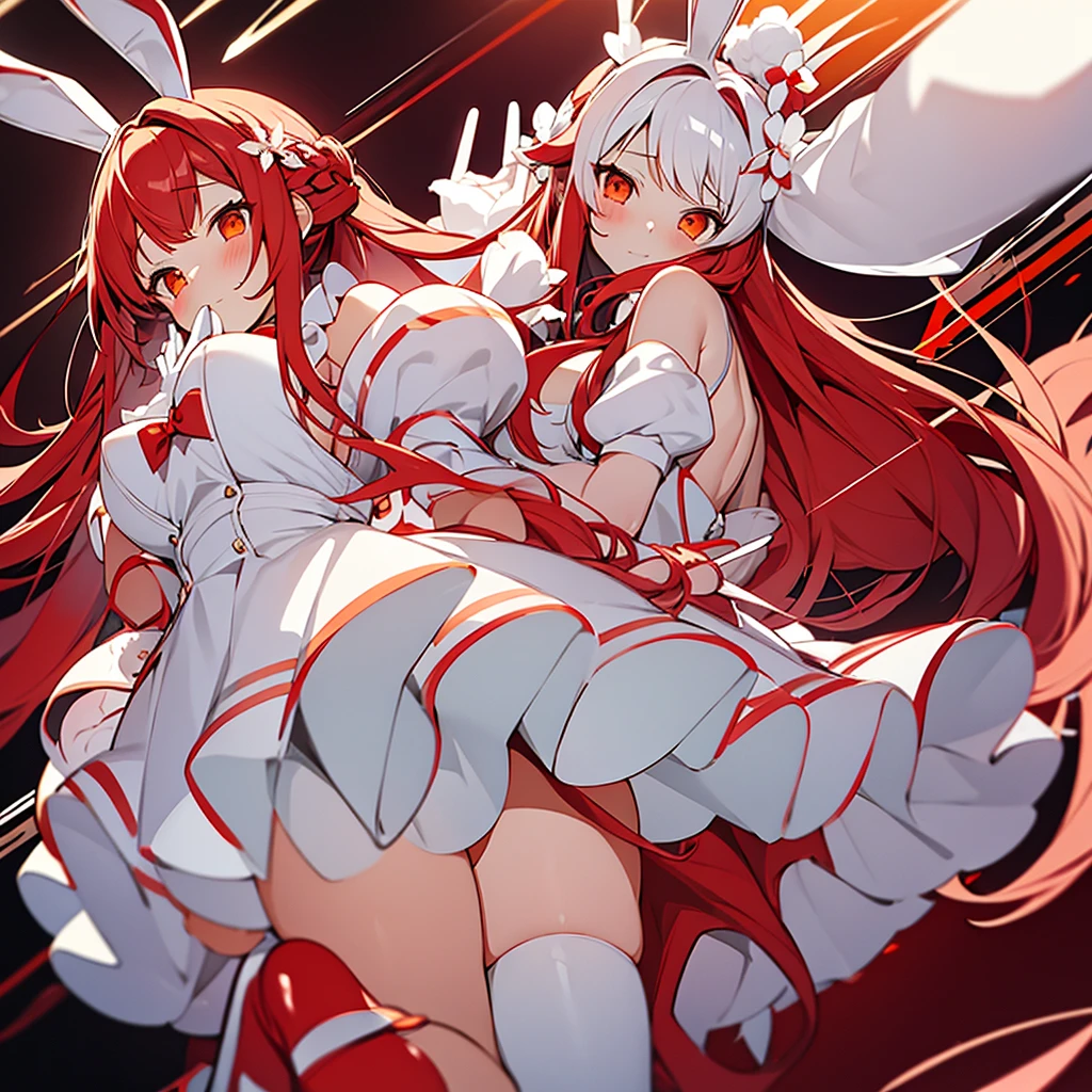 "2 girls, ((Masterpiece)), [Slim], (Small breasts), Pale skin, ((Detailed eyes)), (Background blur), ganyudef white long hair, Red eyes, villainous, Dark theme, [eyes liner], Evil".. Embracing. Blushing, sweating. Naked Lesbian.  Groping breasts. Spit. (Bunny suit). [Sucking on nipples]. [dick-girl] [stripping of clothes] [back view] {bending over), orgasm