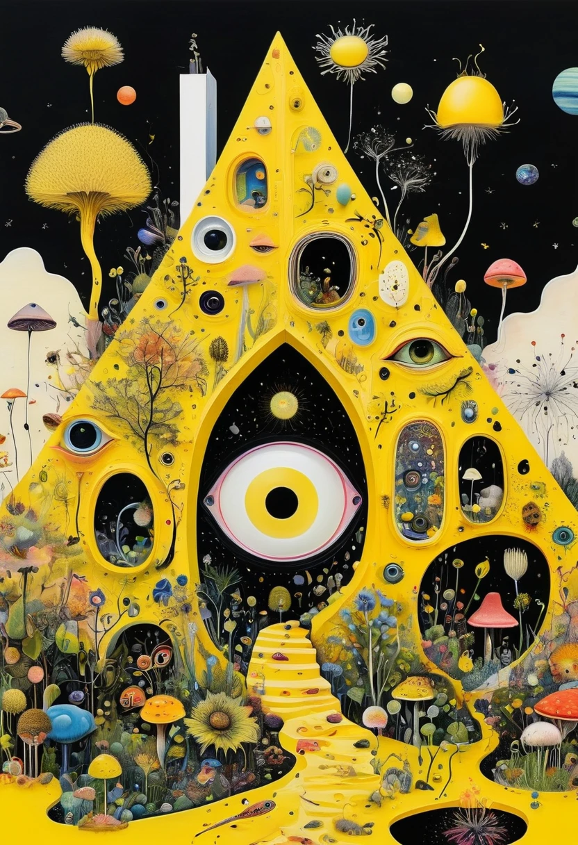 Intense visual fusion of various elements，broto，microorganism、plantar、house、Eye、wild animal life，Stitching an abstract painting，Describing the inner world of autistic people，Sense of space，blank space，interesting，innocence，psychedelic art，yellow and black,3d
