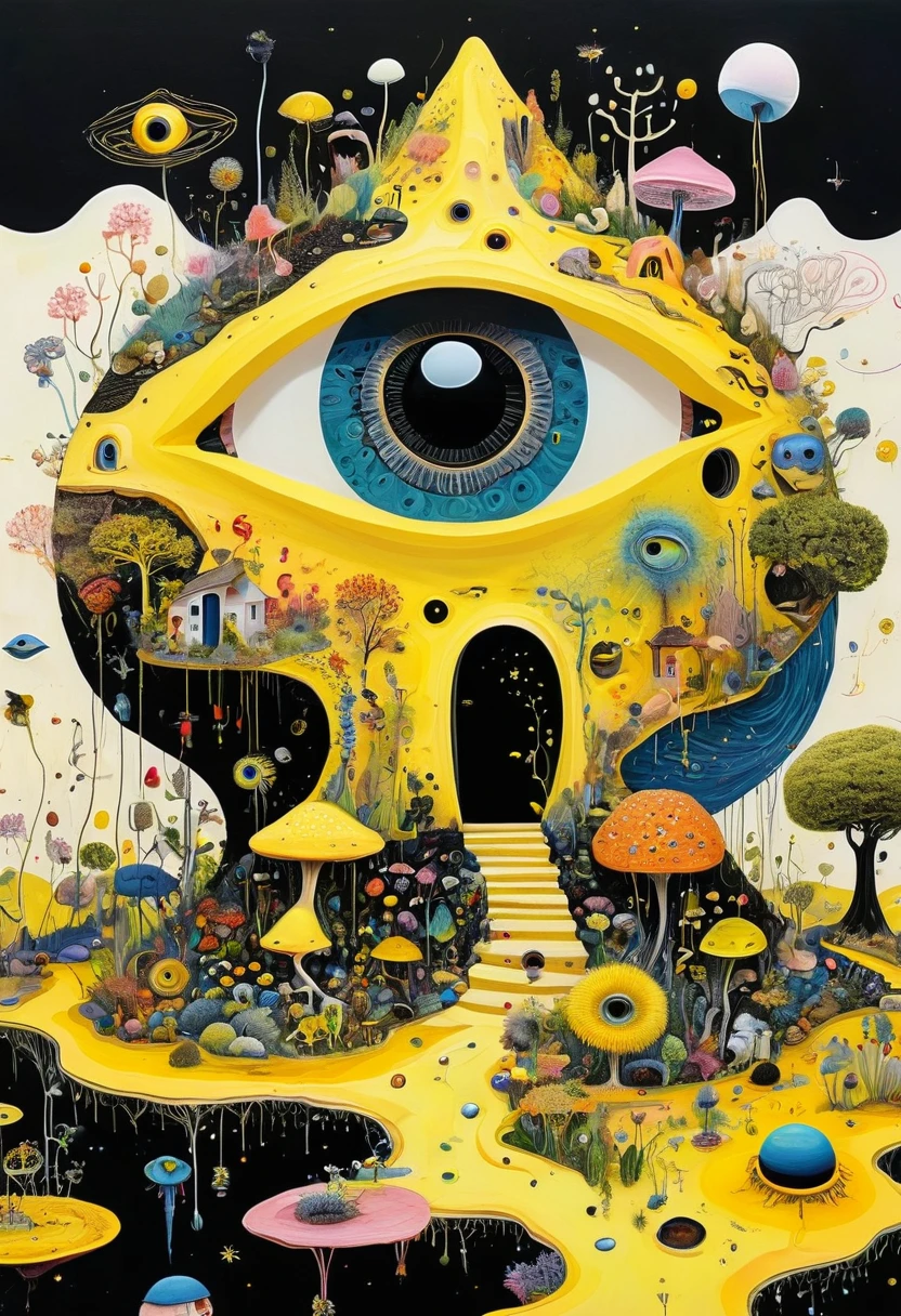 Intense visual fusion of various elements,broto,microorganism、plantar、house、Eye、wild animal life,Stitching an abstract painting,Describing the inner world of autistic people,Sense of space,blank space,interesting,innocence,psychedelic art,yellow and black,3d