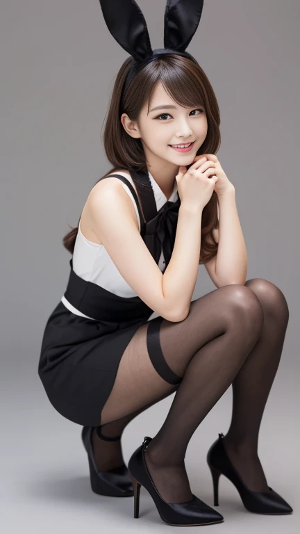 Bunny girl in maid clothes:1.5,wear black tights:1.5,The best smile:1.5,Full Body Shot:1.5,Gray background:1.5,Wearing black high heels:1.5,Sidewave shorthair:1.5,Yankee sitting:1.5