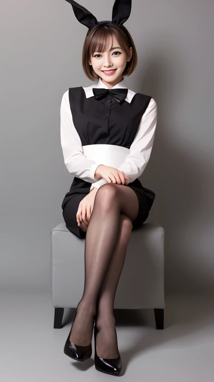 Bunny girl in maid clothes:1.5,wear black tights:1.5,The best smile:1.5,Full Body Shot:1.5,Gray background:1.5,Wearing black high heels:1.5,Sidewave shorthair:1.5,Yankee sitting:1.5