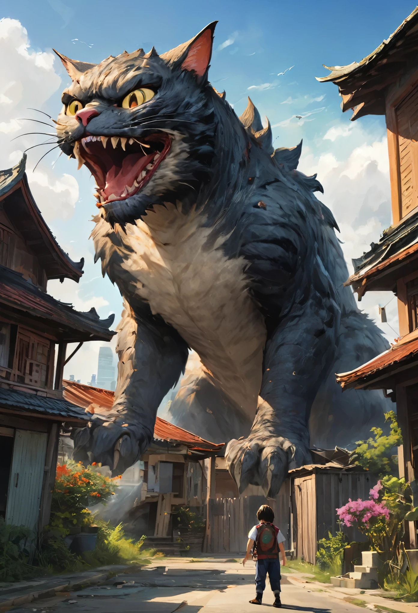 anime, cartoon, (gigantic cat monster destroying houses:1.2), eating people, traditional Thai architecture, (godzilla:1), cinematic, catastrophic film