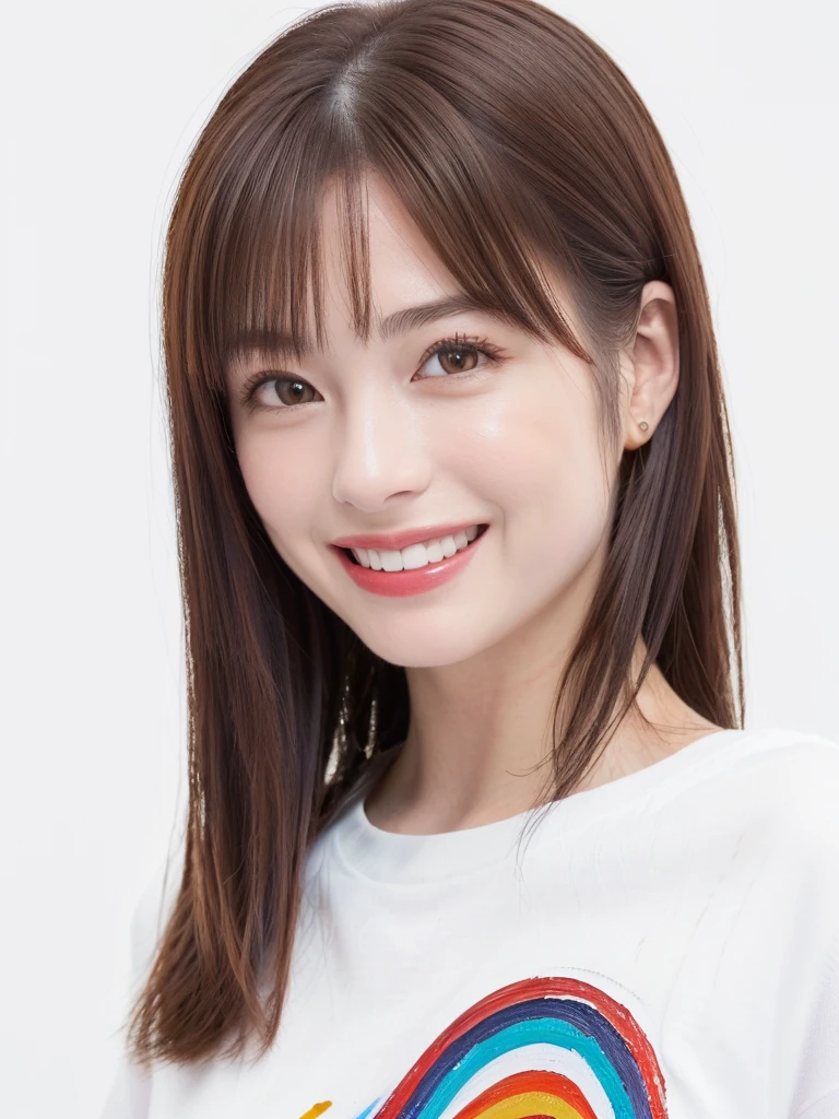 (Highest quality、8k、32K、masterpiece)、(Realistic)、(Photorealistic:1.2)、(High resolution)、Very detailed、Very beautiful face and eyes、1 girl、Round and small face、Narrow waist、Delicate body、(close、Highest quality、Attention to detail、Rich skin detail)、(Highest quality、8k、Oil paints:1.2)、Very detailed、(Realistic、Realistic:1.37)、Bright colors、(((Bust Shot)))、(((Brown Hair)))、(((Brown Hair)))、(((Medium Hair)))、(((Pure white wall background)))、(((Pure white wall background)))、(((Wearing orange clothes)))、(((She has a happy expression)))、(((Laughter)))、(((Wearing a crimson T-shirt)))、(((Look straight ahead)))、(((A shirt with a rainbow on it)))、(((Cross your arms)))、(((Frame In)))