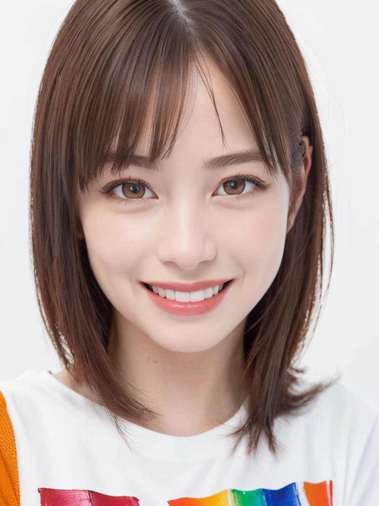 (Highest quality、8k、32K、masterpiece)、(Realistic)、(Photorealistic:1.2)、(High resolution)、Very detailed、Very beautiful face and eyes、1 girl、Round and small face、Narrow waist、Delicate body、(close、Highest quality、Attention to detail、Rich skin detail)、(Highest quality、8k、Oil paints:1.2)、Very detailed、(Realistic、Realistic:1.37)、Bright colors、(((Bust Shot)))、(((Brown Hair)))、(((Brown Hair)))、(((Medium Hair)))、(((Pure white wall background)))、(((Pure white wall background)))、(((Wearing orange clothes)))、(((She has a happy expression)))、(((Laughter)))、(((Wearing a crimson T-shirt)))、(((Look straight ahead)))、(((A shirt with a rainbow on it)))、(((Cross your arms)))、(((Frame In)))