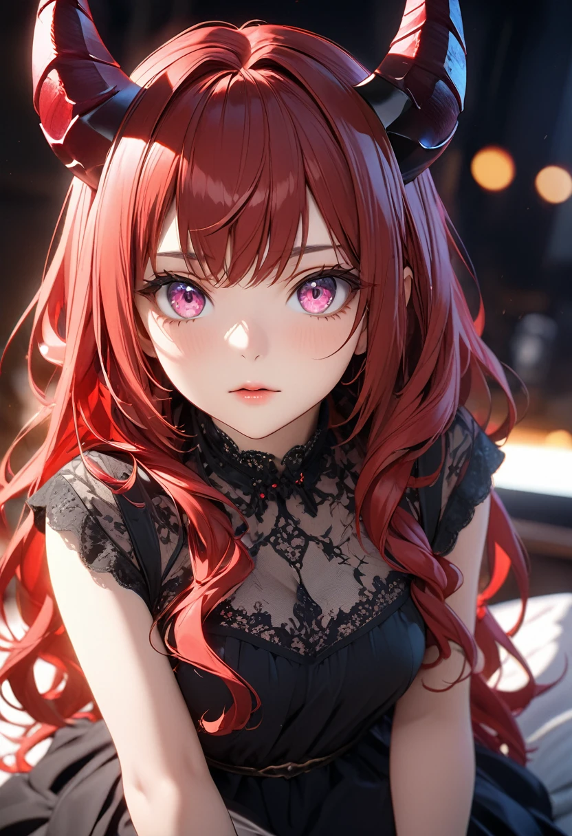 (best quality,4k,8k,highres,masterpiece:1.2),ultra-detailed, (HDR,UHD,studio lighting, physically-based rendering, focus, extreme detail description,professional,vivid colors), bokeh,girl sitting, dress, demonic horns red hair, pink eyes, ((anime style:1.5)), beautiful face, cinematic light, looking at camera, looking straight.