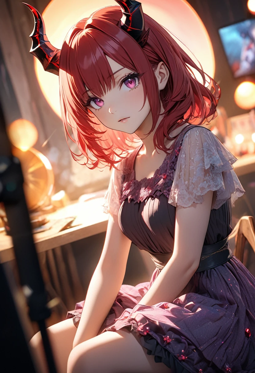(best quality,4k,8k,highres,masterpiece:1.2),ultra-detailed, (HDR,UHD,studio lighting, physically-based rendering, focus, extreme detail description,professional,vivid colors), bokeh,girl sitting, dress, demonic horns red hair, pink eyes, ((anime style:1.5)), beautiful face, cinematic light, looking at camera, looking straight.