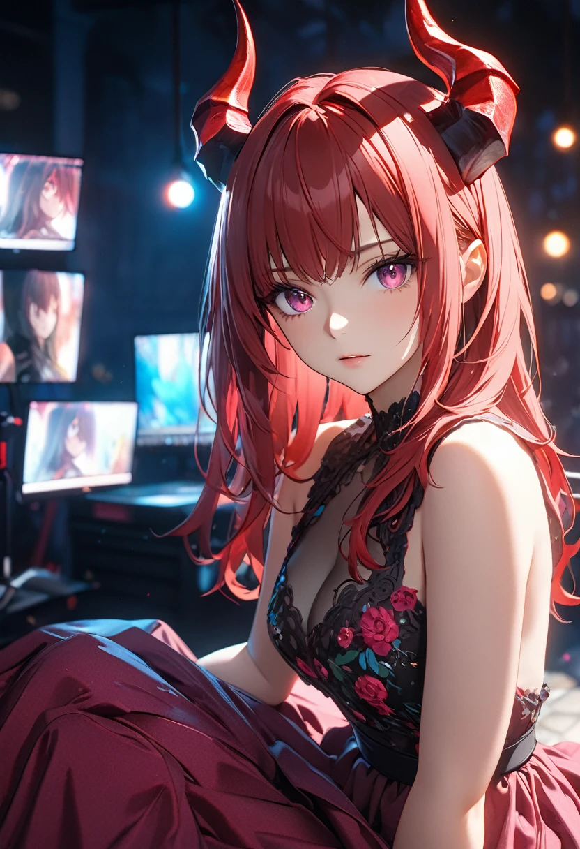 (best quality,4k,8k,highres,masterpiece:1.2),ultra-detailed, (HDR,UHD,studio lighting, physically-based rendering, focus, extreme detail description,professional,vivid colors), bokeh,girl sitting, dress, demonic horns red hair, pink eyes, ((anime style:1.5)), beautiful face, cinematic light, looking at camera, looking straight.