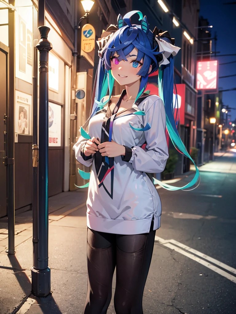 (Masterpiece, best quality, high res、highly detailed cg: 1), ‘Looking for a hooker?’ and a prostitute invites a man to join her. The scene is dominated by a prostitute touting on a quiet, deserted street at night. She is flirtatious with an upward glance. Twin_Turbo_Umamusume, aqua hair, twintails, heterochromia, purple eyes, blue eyes, sharp teeth, nsfw, Seduction, (short stature), Natural smile