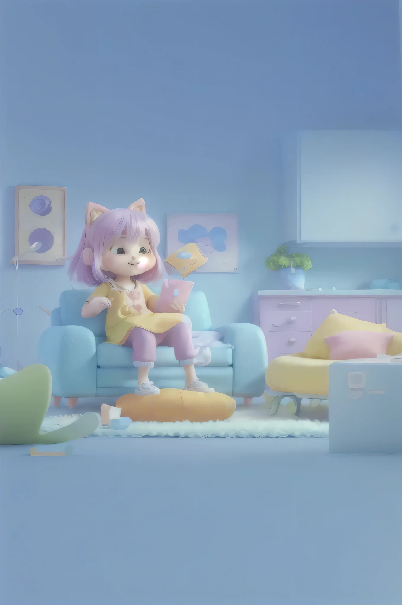 Room sofa scene,No characters, Cute 3d rendering, Animation style rendering, Kawaii HD Rendering, 8K cartoon illustration, 3d illustration, 3d illustration, Lofi art style, Animation illustration style