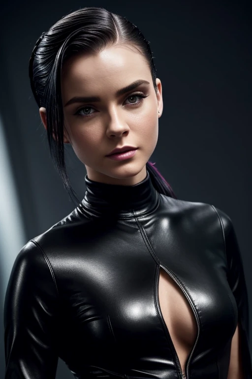 Gorgeous european woman with short hair, short ponytail, wet hair, hair slicked back, combed straight back, slick hair, streaked black hair, seductive pose, sabrina carpenter, dressed as trinity from the matrix, cleavage, solid dark grey background