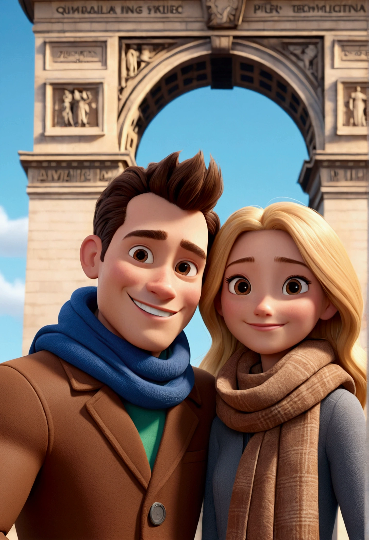 Cartoon character of a tall man 29 years old, smiling in brown coat animation character, hugging woman with long blonde hair and small stature, smiling in brown coat and scarf, in front of the Arc de Triomphe in Paris. stylized character, animation style rendering, 3d stylized, Arnold Maya rendering, Stylized 3D rendering, toon render screenshot, 3d character, 3d character, Stylized 3D rendering, 3D character rendering, cartoon character, Personagem de close up, showing half body, photo orientation horizontally (Pixar-style) (master part:1.2) (bokeh) (best qualityer) (skin detailed) (detailed texture) (8k) (Argilla) (cinematic lighting) (sharp focus