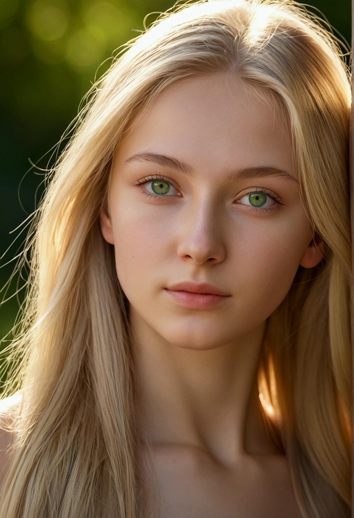 Photorealistic 18 year old Russian woman with long blond hair and green eyes.. it must have a natural expression, accessible and will be illuminated by the soft golden hour sunlight. The background should be a picturesque outdoor setting., sunny park or beach. Make this image high resolution, using an 85mm lens, to get a nice perspective. full length, nude body, Sports figure