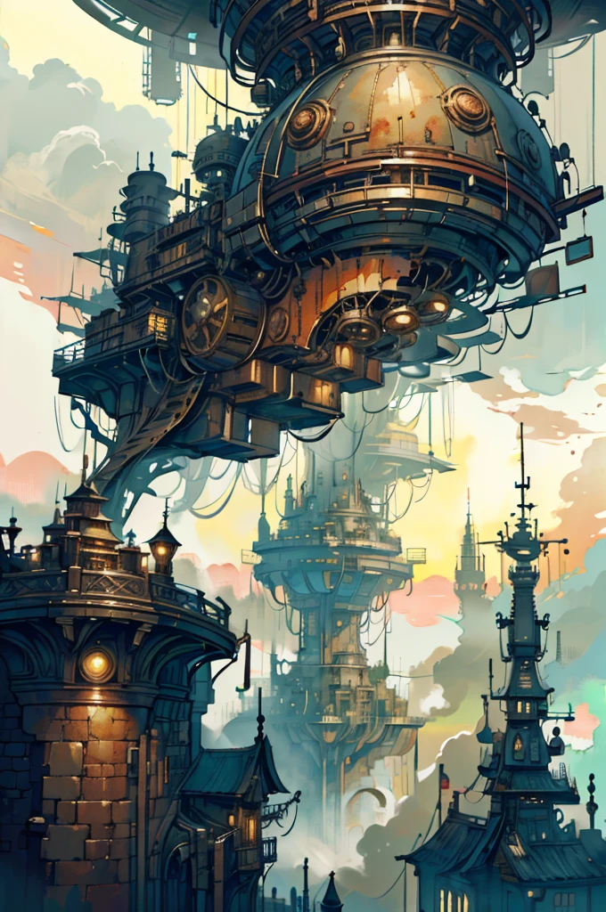In the distance, there is a prosperous steampunk style city surrounded by desolate mountains,there is a prosperous city with a mechanical punk style, top-down view, distant view, retro futurism, a steampunk city street full of high-rise buildings, with steampunk style buildings on both sides and a street in the middle, ultra high definition, 8k,ultra distant view,stone brick street,and a very distant city
