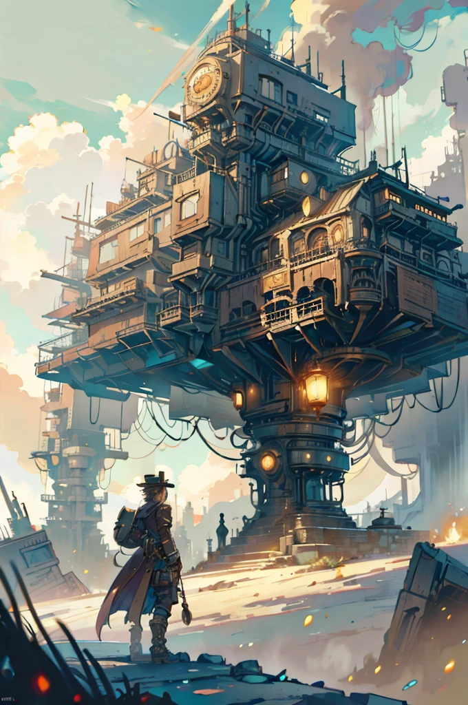 In the distance, there is a prosperous steampunk style city surrounded by desolate mountains,there is a prosperous city with a mechanical punk style, top-down view, distant view, retro futurism, a steampunk city street full of high-rise buildings, with steampunk style buildings on both sides and a street in the middle, ultra high definition, 8k,ultra distant view,stone brick street,and a very distant city