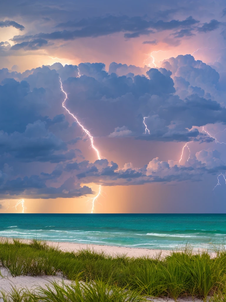 Storm coming off the Gulf of Mexico. Beach view. Lightning.