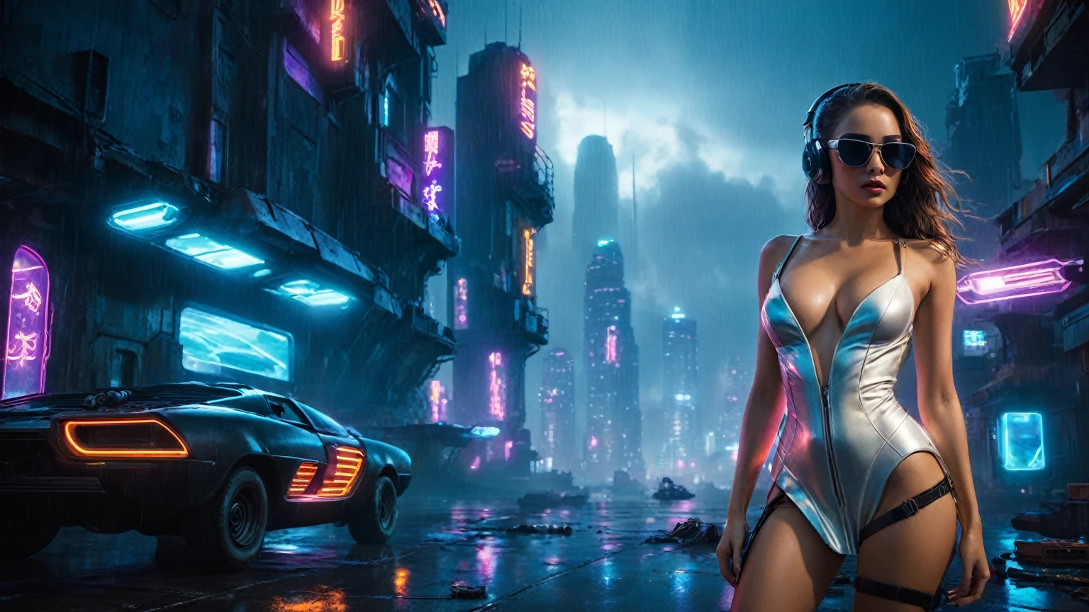 (aerial view, a flying cars docking platform, a very dark abandoned futuristic city, neon lights), rainy night. 1girl, solo, alone, large-breast:1.2 slim body, cleavage:1.1, sexy wind blowing wet dress:1.4, (headphone, black sunglasses), (((((she raised:1.8 a pistol:1.8 and took aim at viewer))))), dynamic pose, (((half-body thigh level medium shot))), cinematic lighting, lens flare, ray tracing.